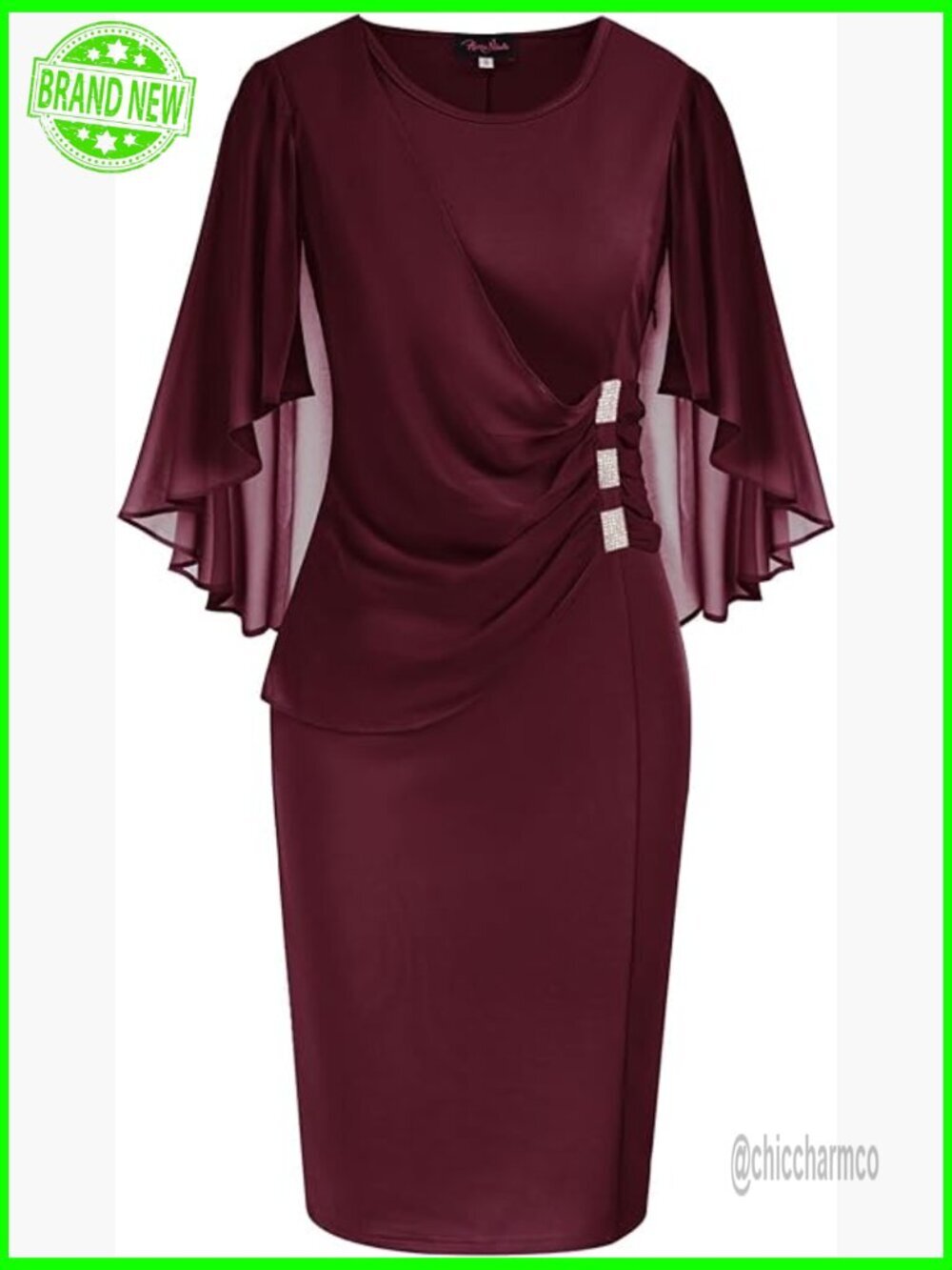 Plus Size Chiffon Cape Sleeve Bodycon Pencil Midi Dress